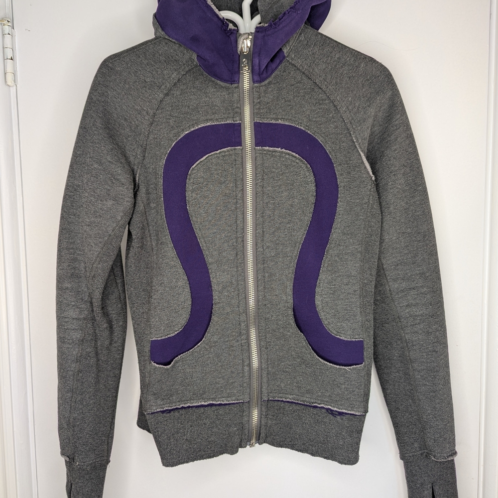 EUC VINTAGE LULULEMON SCUBA HOODIE GREY WITH PURPLE TRIM WOMENS SIZE 8